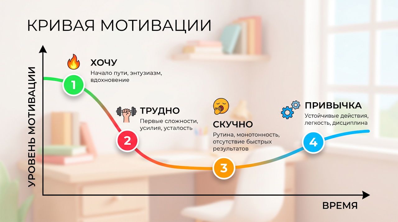 Кривая мотивации от эйфории к привычке